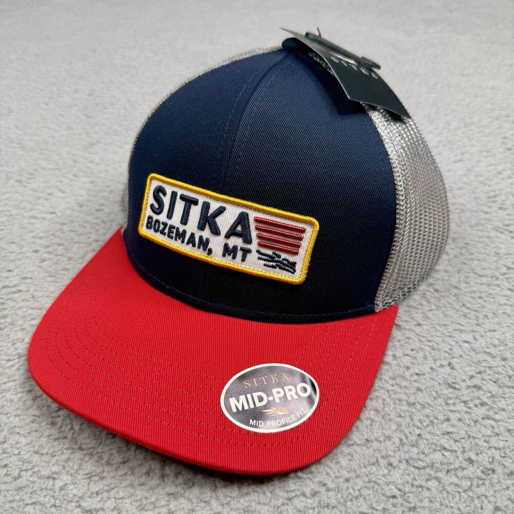 Sitka Hat Cap Snapback Patriot Mid Pro Trucker Blue Red Gray Bozeman Patch NWT